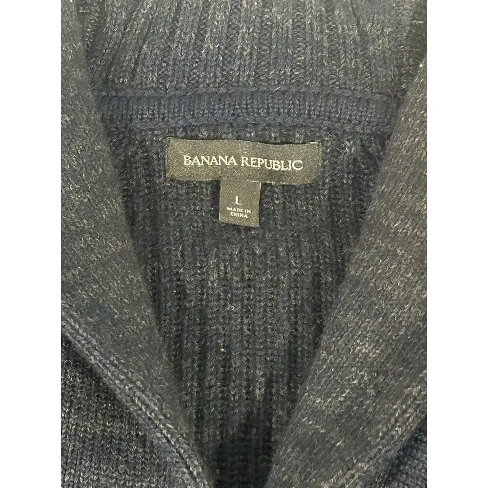 Banana Republic L Cardigan Dark Blue Shawl-Collar Ribbed Grandpa-Core Fine Wool